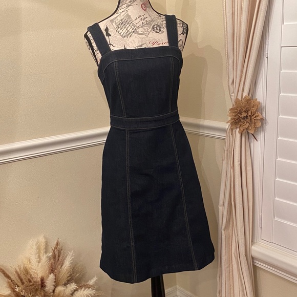 Ann Taylor Factory Denim Midi Dress Dark Wash Sleeveless Fit & Flare Size 0 - Picture 9 of 10
